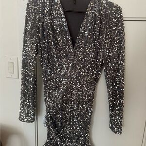 Maje Silver Sequin Wrap V-Neck Long Sleeve Dress
